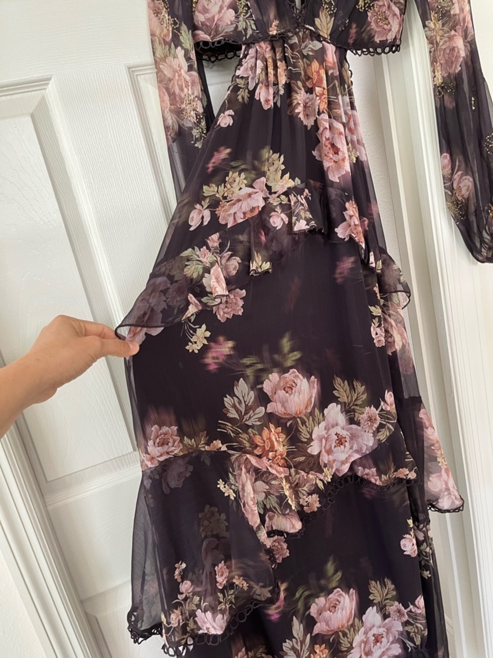 ASOS TALL Floral Lace-Trim Maxi Dress in Brown with Pink Rose Print - Picture 5 of 8